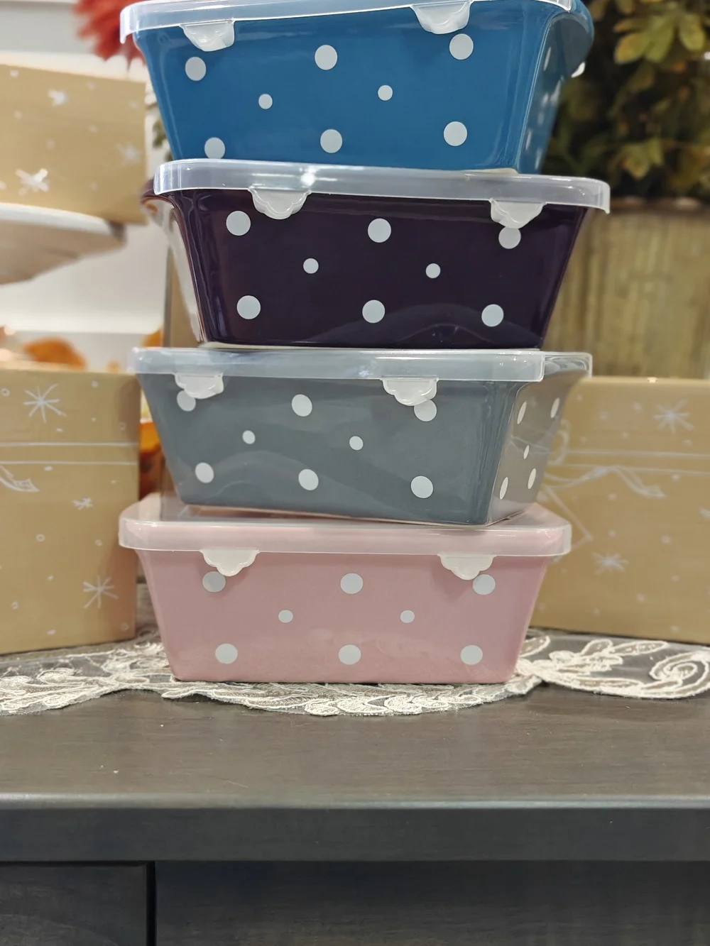 Temptations Polka Dot Stackable Food Storage Set - Purple, Pink, Gray, Blue S/4